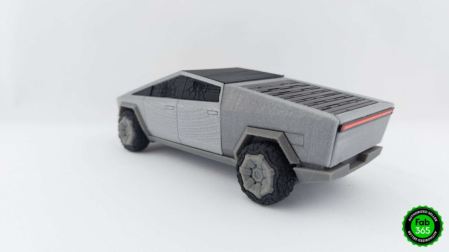 Tesla Cybertruck 3D Printed Model with Broken Windows and Rolling Bed Cover – Metallic Collectible - 3DEvricPrinting