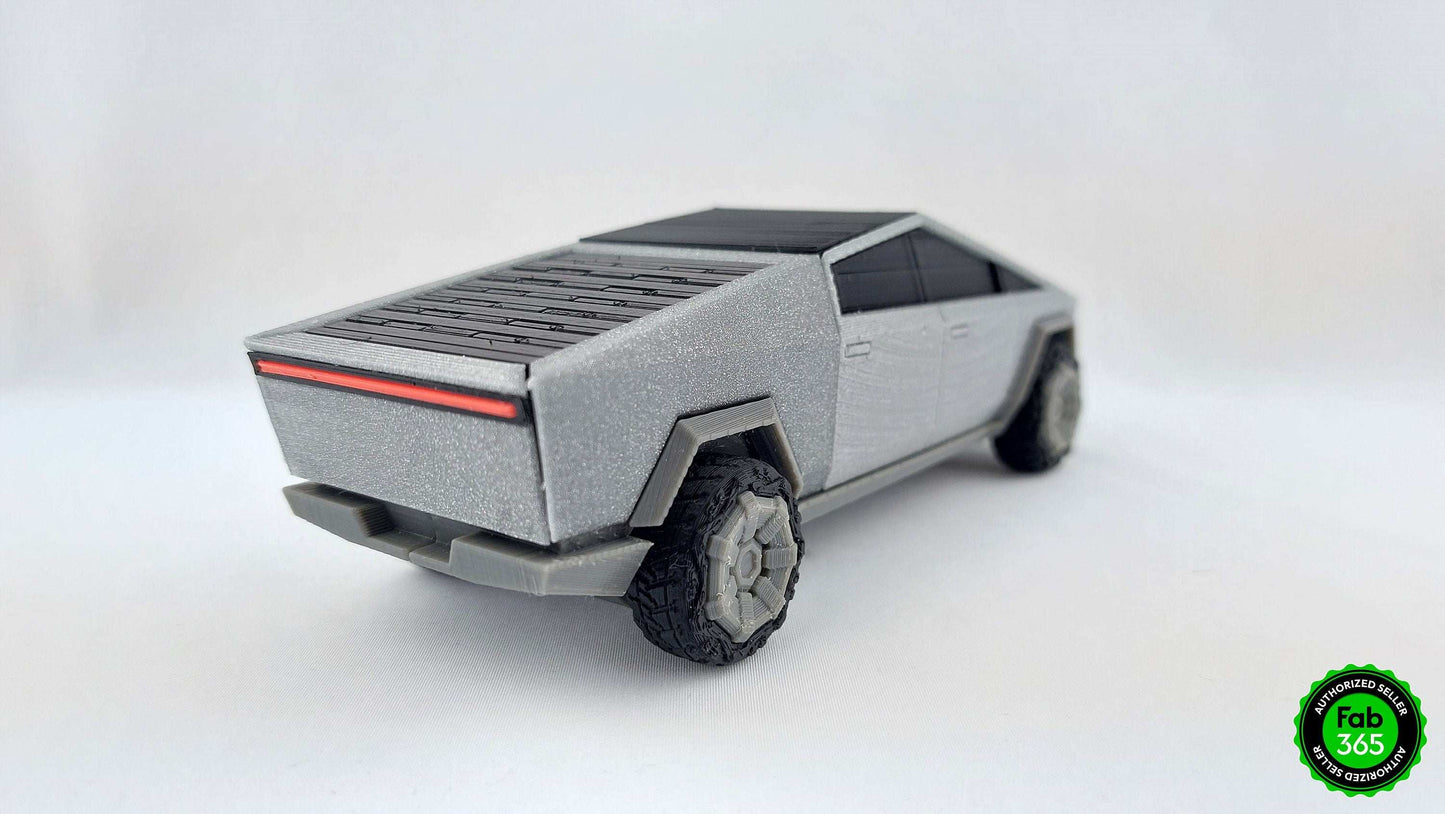 Tesla Cybertruck 3D Printed Model with Broken Windows and Rolling Bed Cover – Metallic Collectible - 3DEvricPrinting