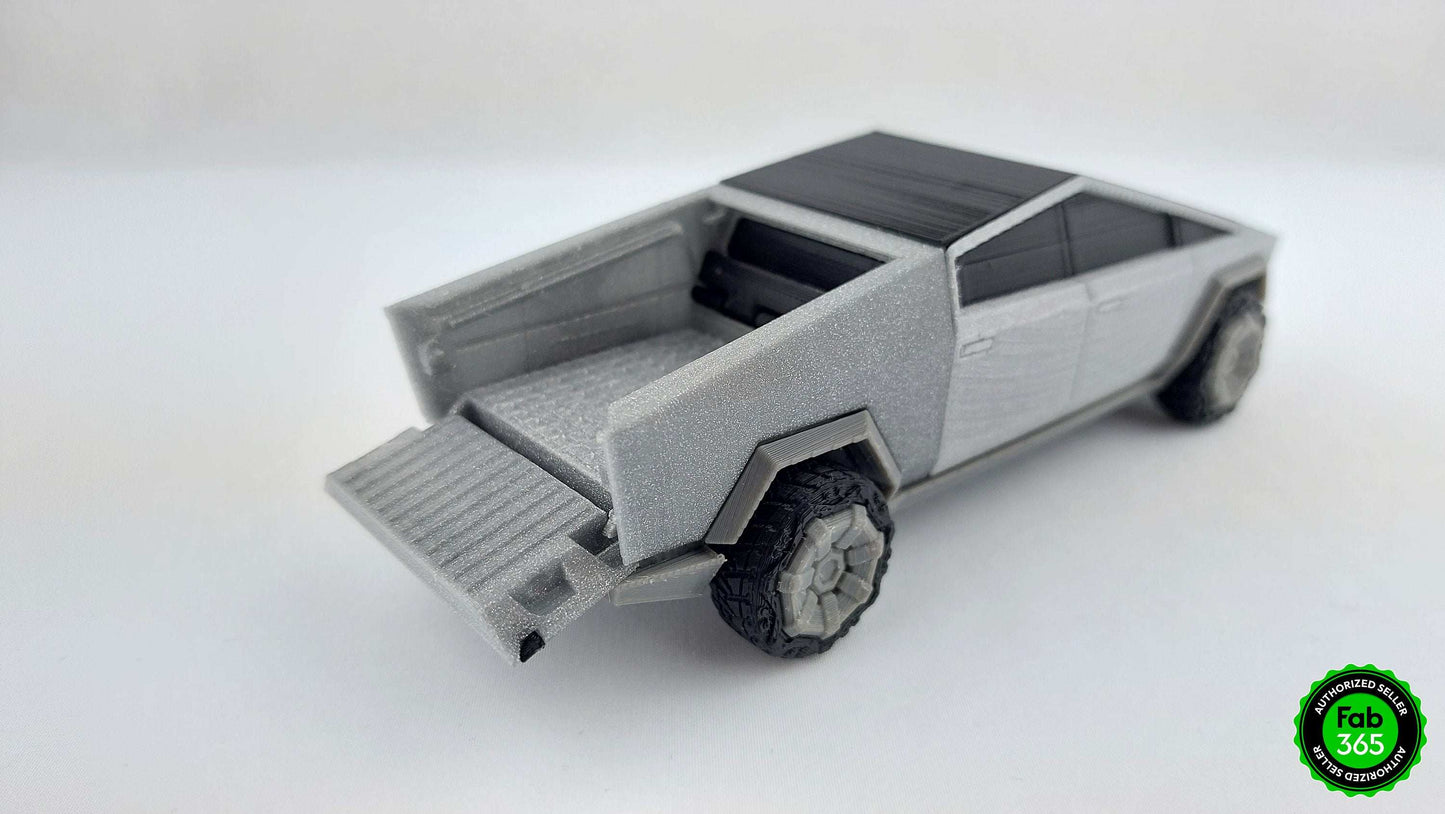 Tesla Cybertruck 3D Printed Model with Broken Windows and Rolling Bed Cover – Metallic Collectible - 3DEvricPrinting