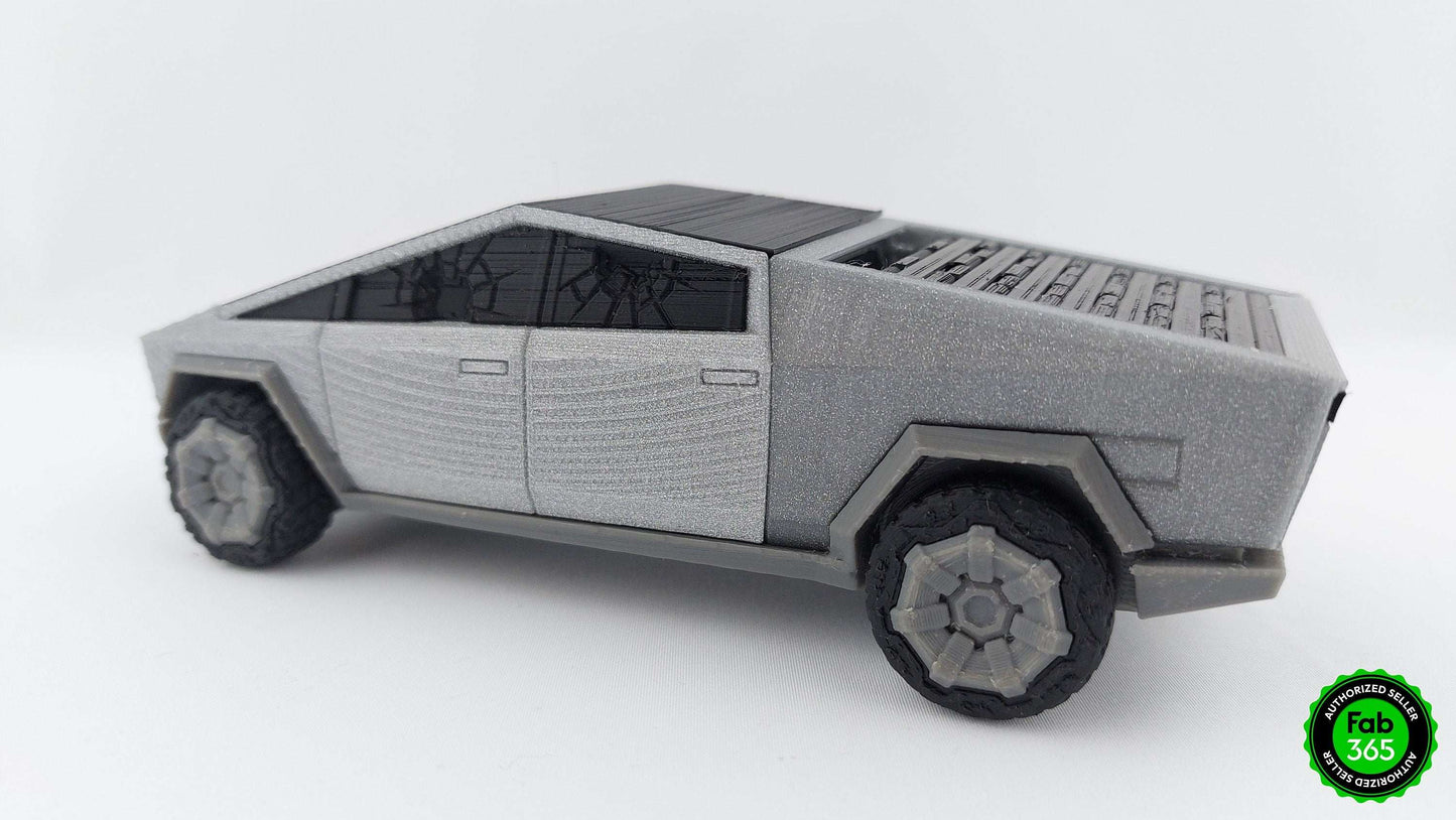 Tesla Cybertruck 3D Printed Model with Broken Windows and Rolling Bed Cover – Metallic Collectible - 3DEvricPrinting